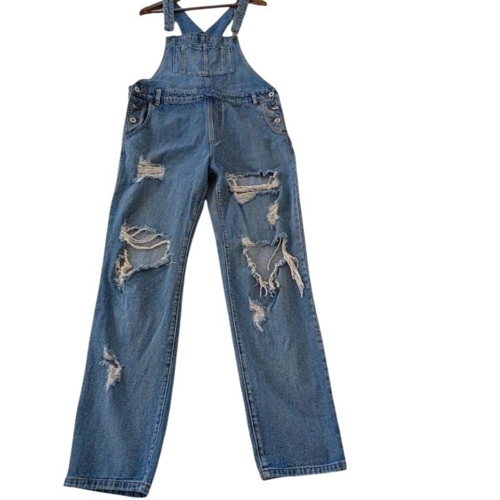 Honey Punch Blue Distressed Denim Overalls L Ripped Straight Leg Y2K Vintage Sty - Picture 5 of 12